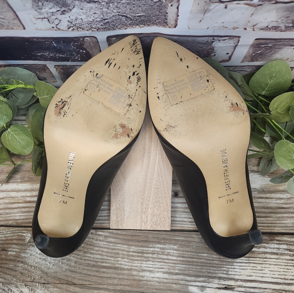 Saks 5th Avenue Cady Black Leather Pumps 3.5" Heel  Size 7 - Picture 7 of 11